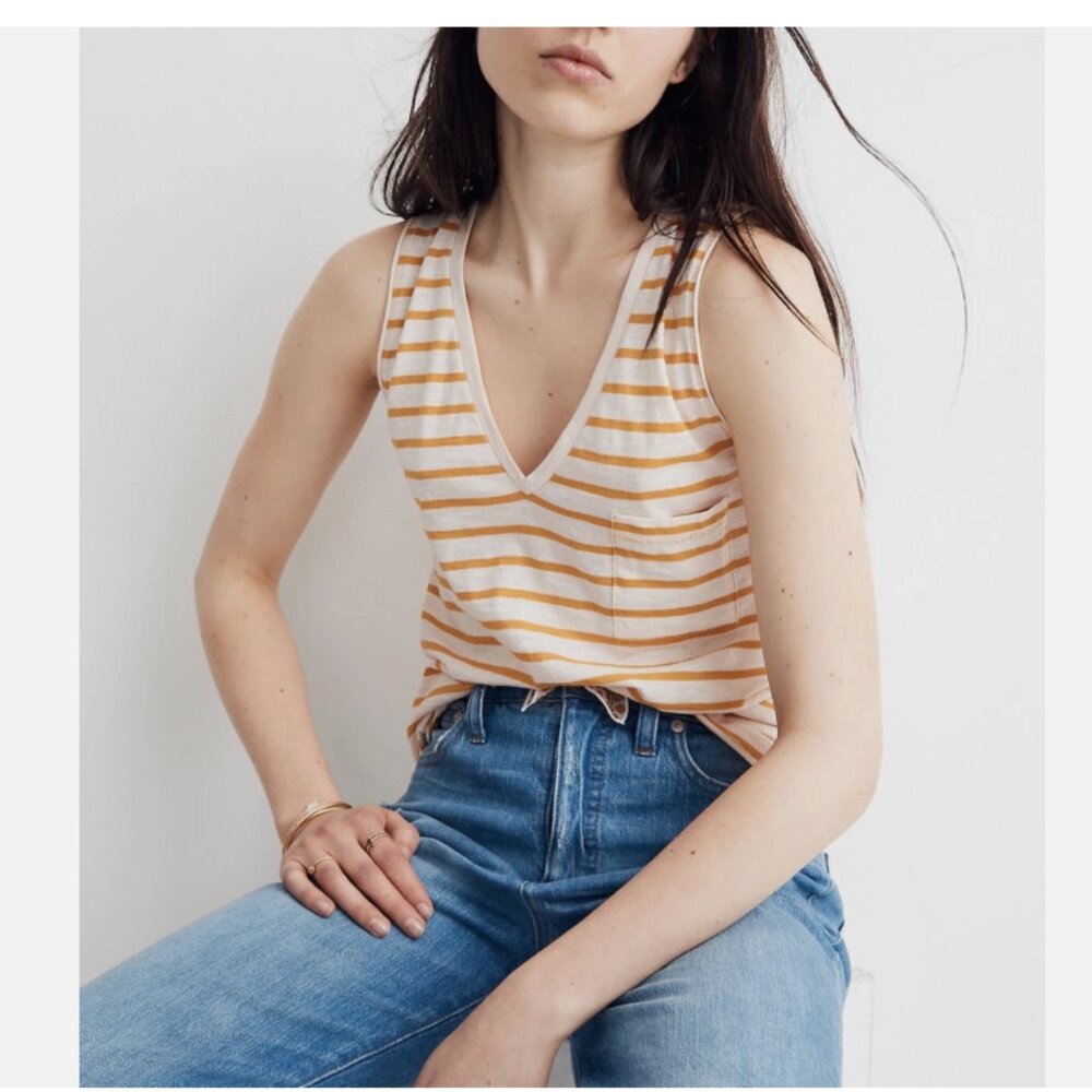 Madewell Yellow Ivory Striped XL Tank Top 100% Cotton V-Neck